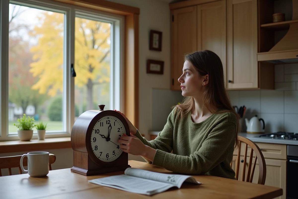 Jeune femme réglant un horloge dans la cuisine