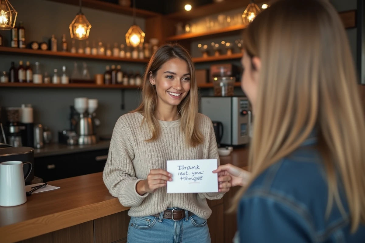 Jeune femme souriante donnant une note au barista dans un café
