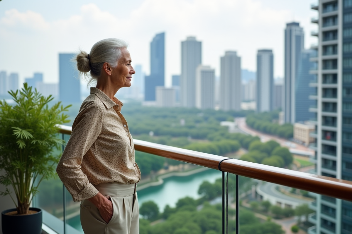 Femme retraitée regardant la ville depuis un balcon urbain