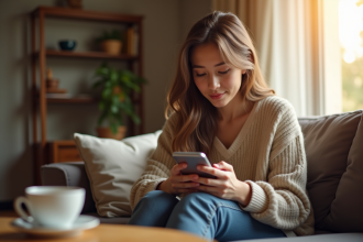 Jeune femme dans un salon cosy tenant son smartphone