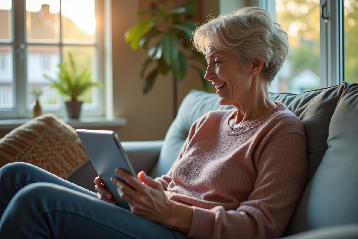 Femme d'âge moyen souriante avec tablette dans un salon lumineux