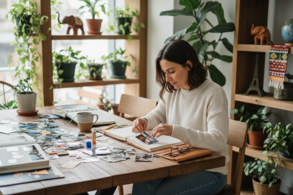 Femme arrangeant des photos de voyage dans un scrapbook