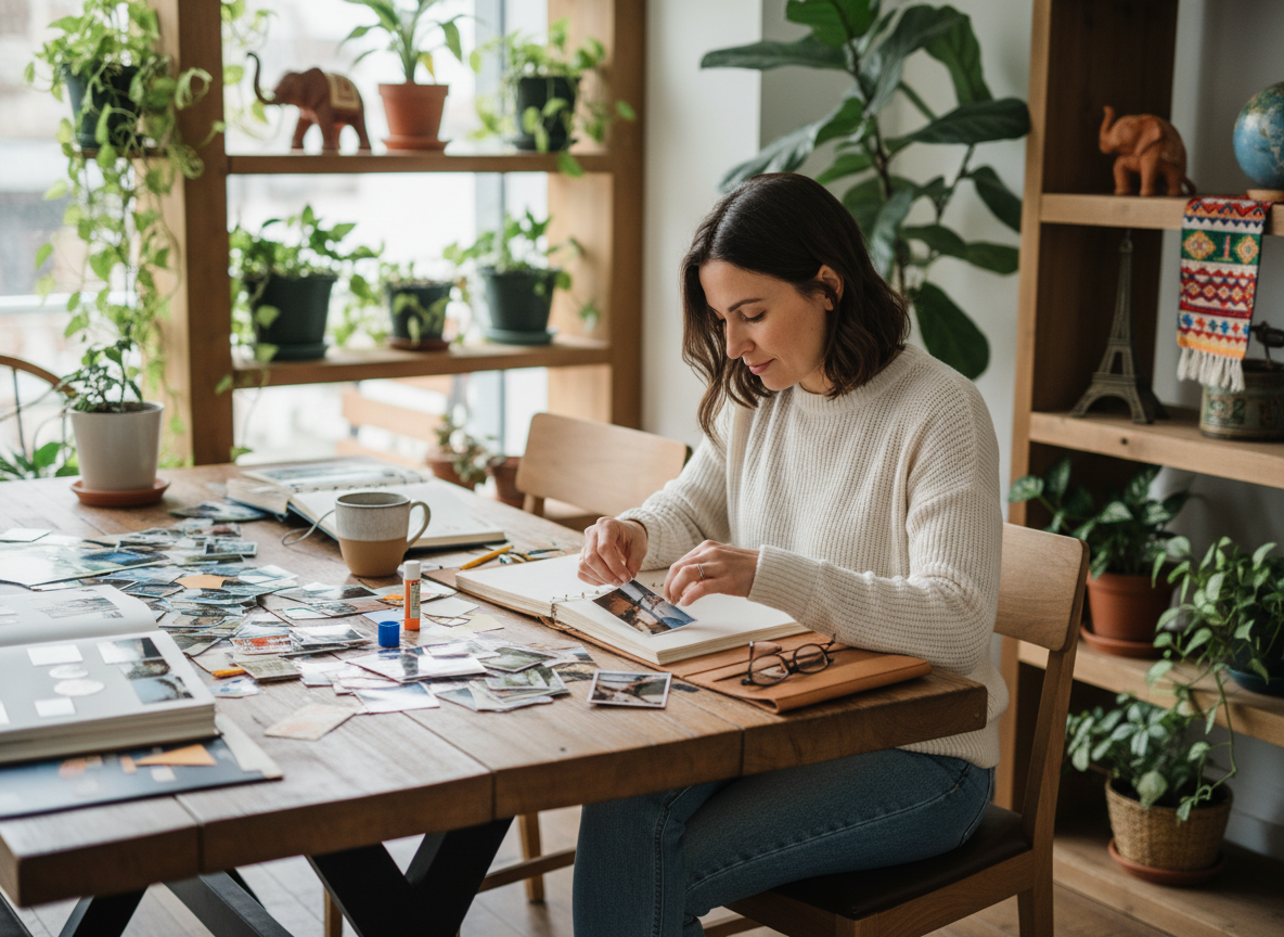Femme arrangeant des photos de voyage dans un scrapbook