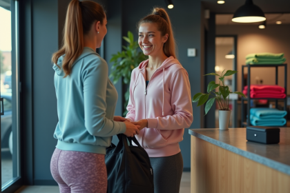 Jeune femme recevant un sac de sport dans un hall de gym