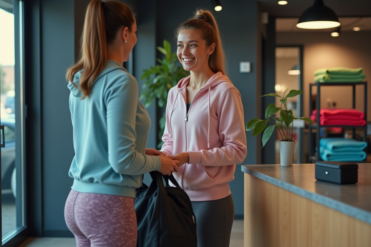 Jeune femme recevant un sac de sport dans un hall de gym