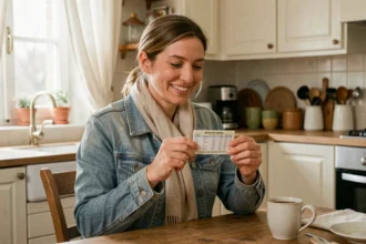 Femme souriante tenant un ticket de jeu à gratter FDJ à la maison, illustrant les nouveaux jeux FDJ à gratter à venir en 2026
