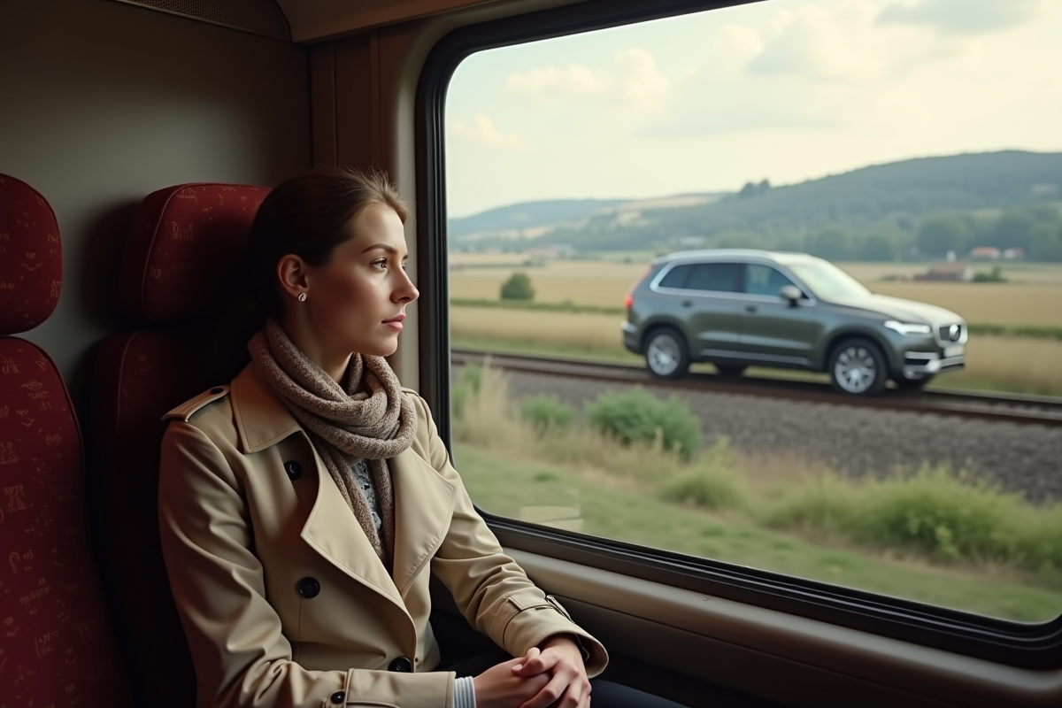 Femme assise près de la fenêtre du train en voyage