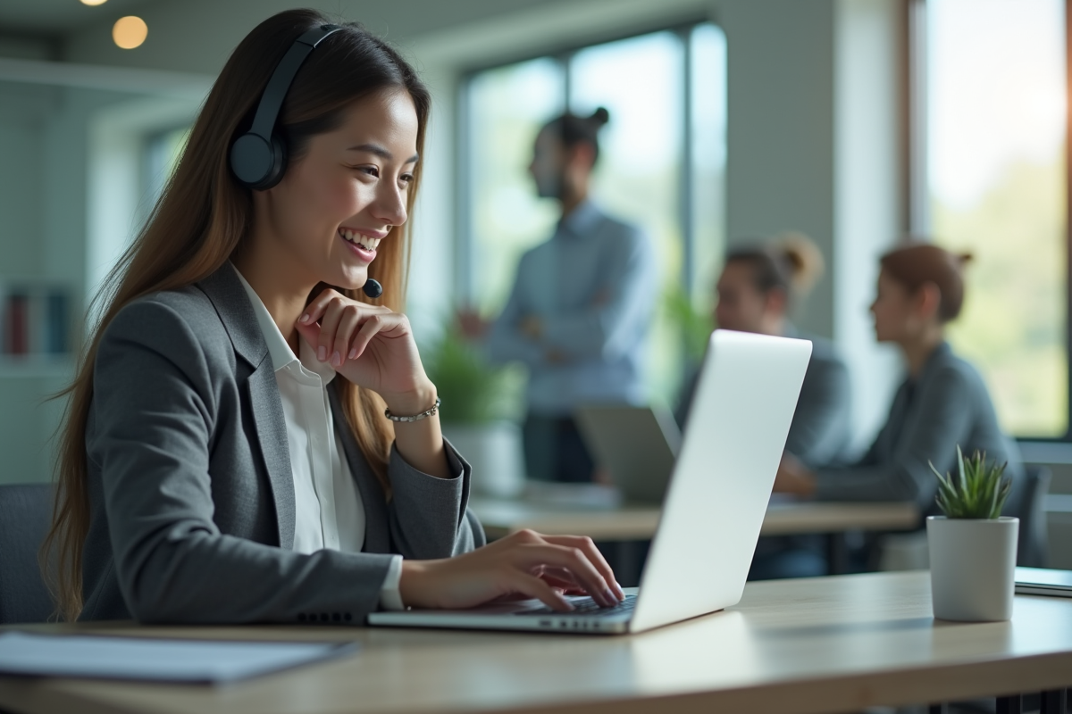 Femme d affaires travaillant à son bureau lumineux