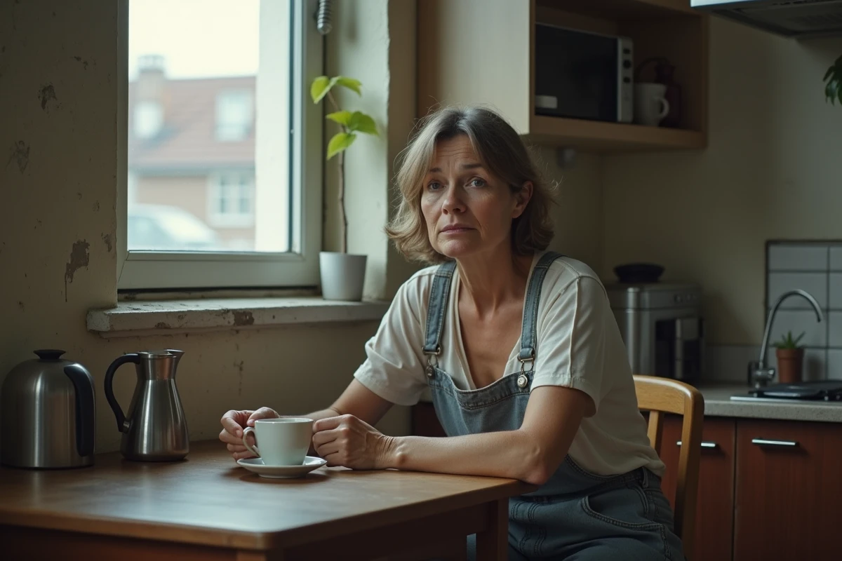 Femme d'âge moyen dans un appartement modeste en réflexion