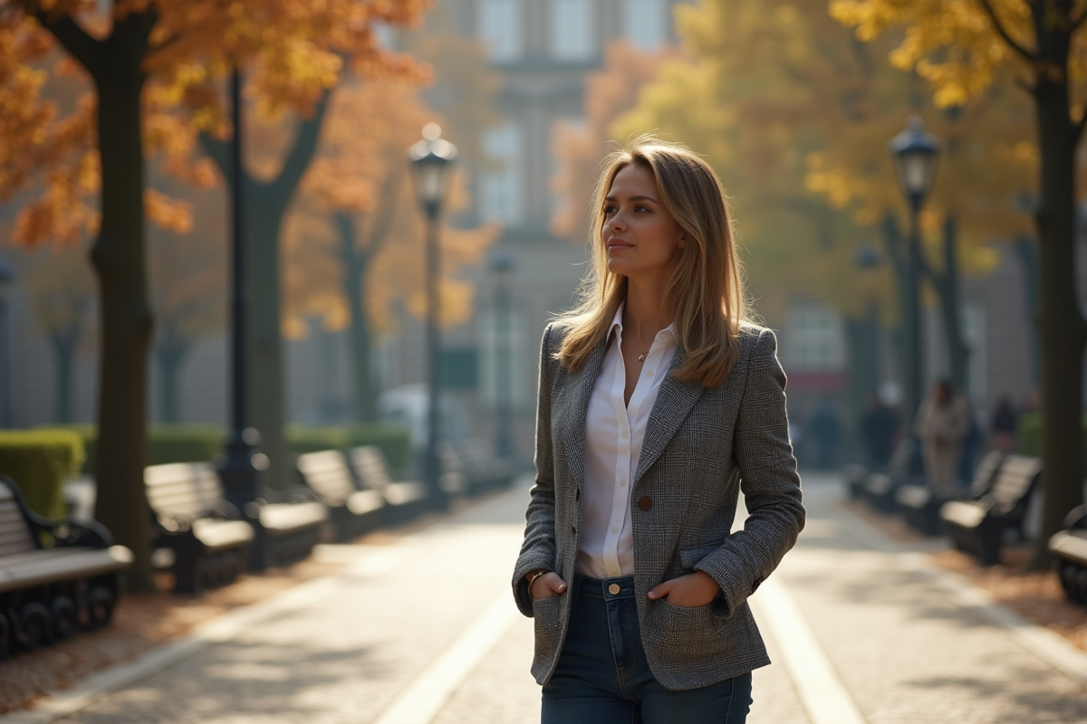 Femme en blazer dans un parc urbain ensoleille
