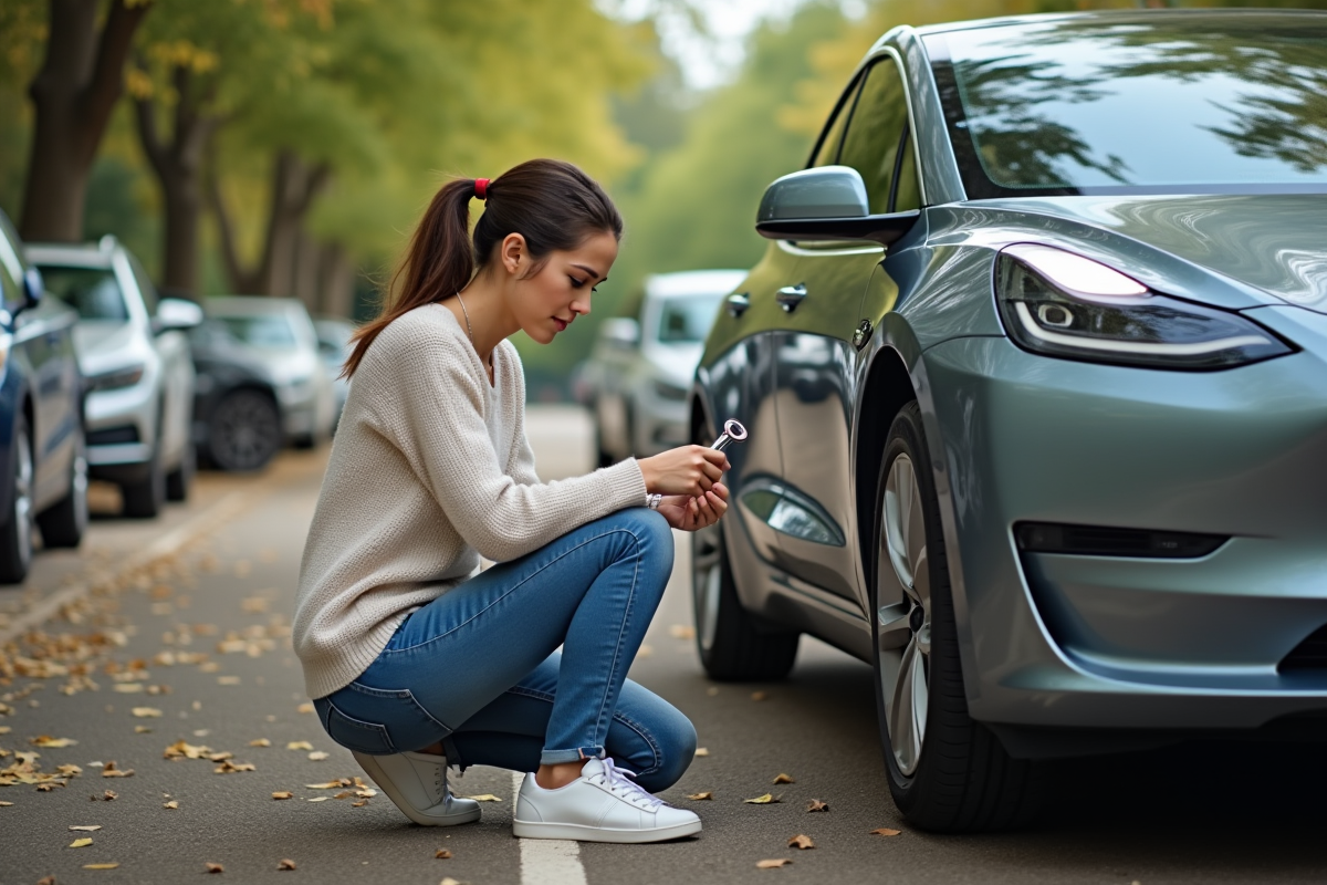 Jeune femme vérifiant la batterie de sa voiture électrique dans un parking urbain