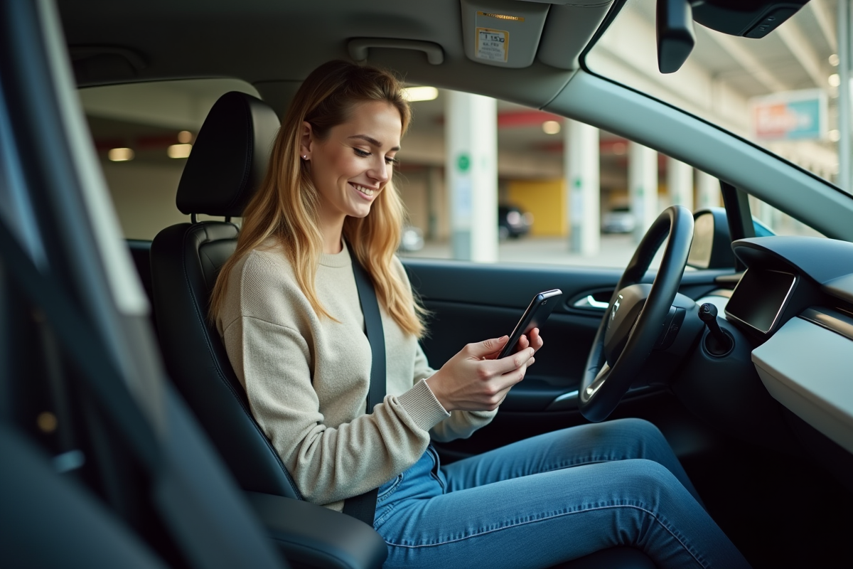 Jeune femme dans une voiture électrique consulte une application de recharge