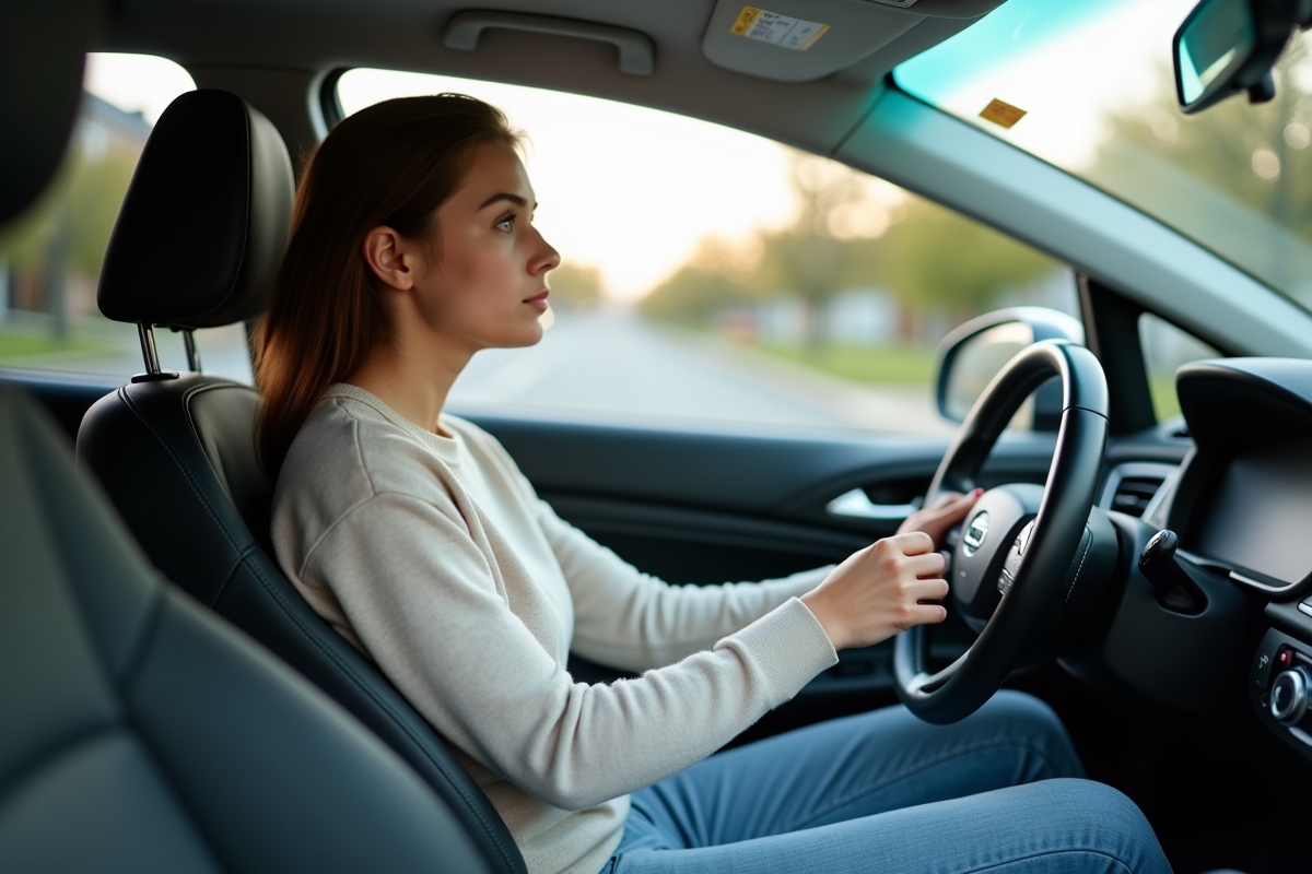 Jeune femme dans la voiture hybride avec expression pensive à l