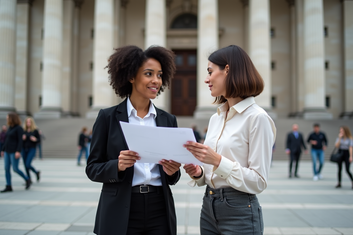 Deux femmes discutant devant un bâtiment parlementaire