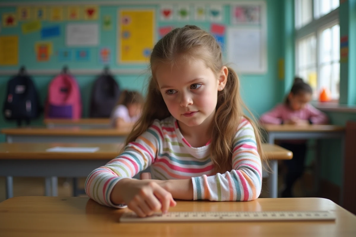 Jeune fille de 10 ans comparant sa taille avec une règle