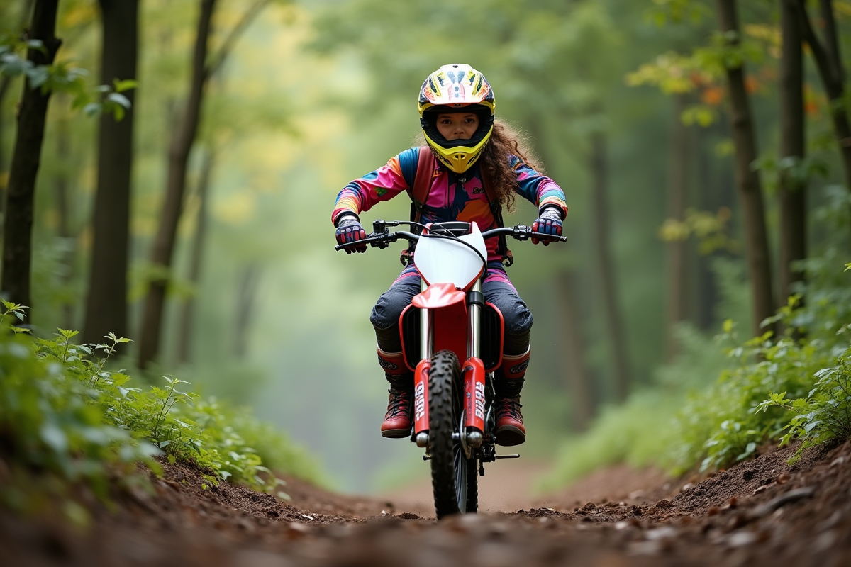 Fille motocross en action sur sentier forestier