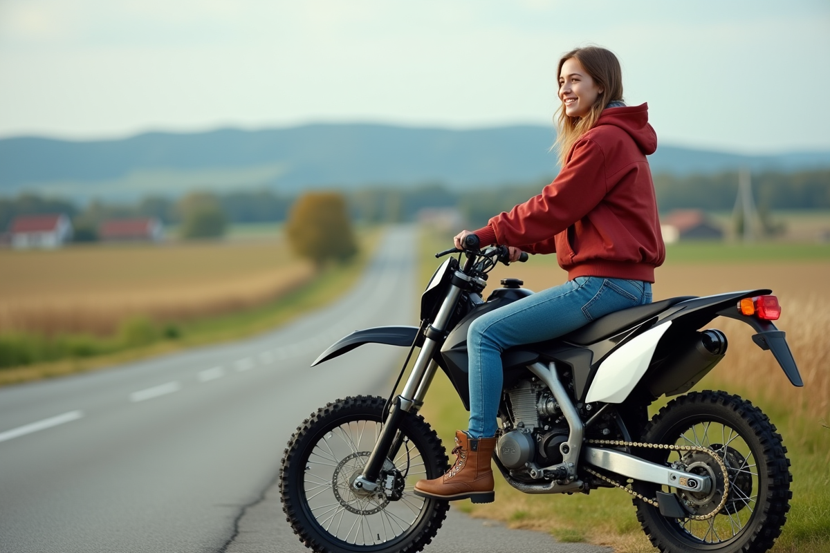 Jeune femme souriante sur moto 50cc en campagne paisible