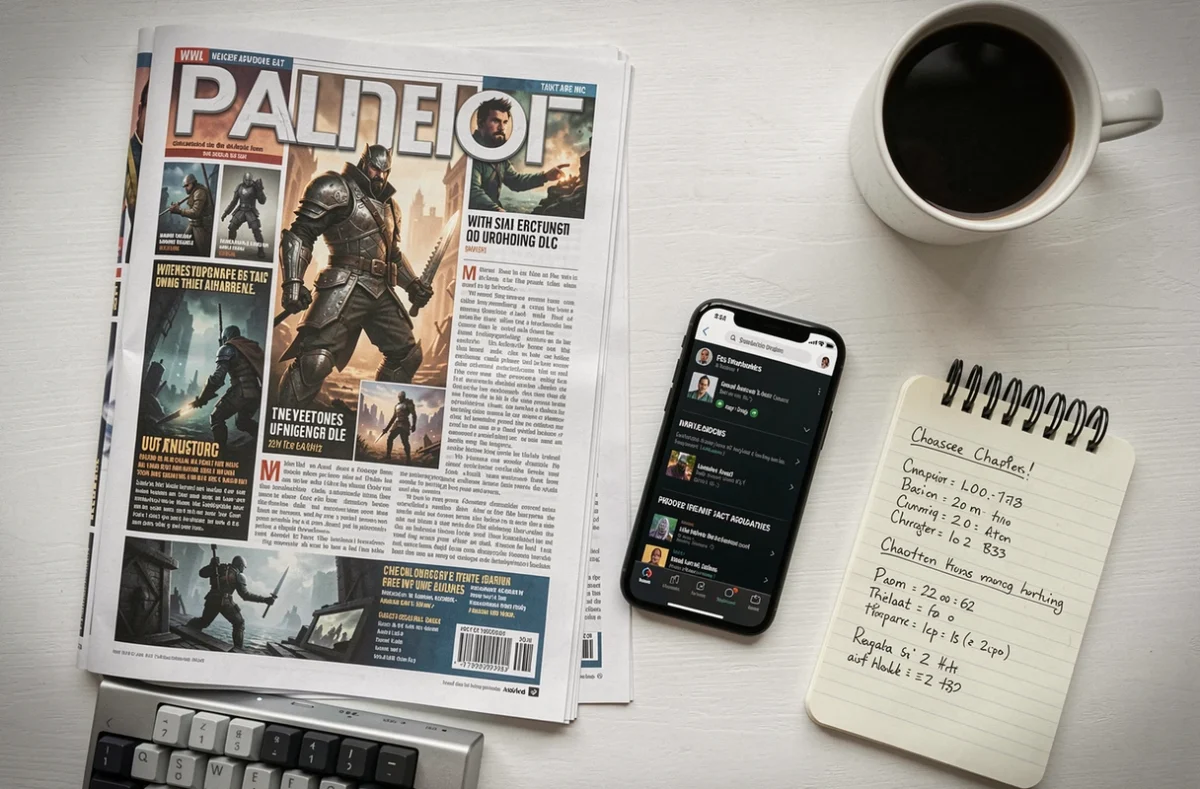 Flat lay d'un bureau de joueur avec magazine, smartphone affichant les actes de Clair Obscur et notes manuscrites sur le contenu 2026
