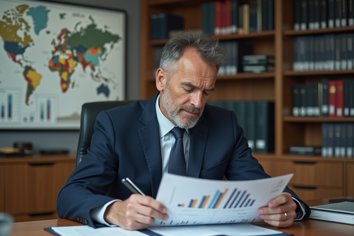 Homme en costume bleu examinant des documents de budget