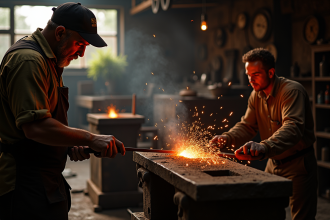 Forgeron au forge avec étincelles dans un atelier ensoleille