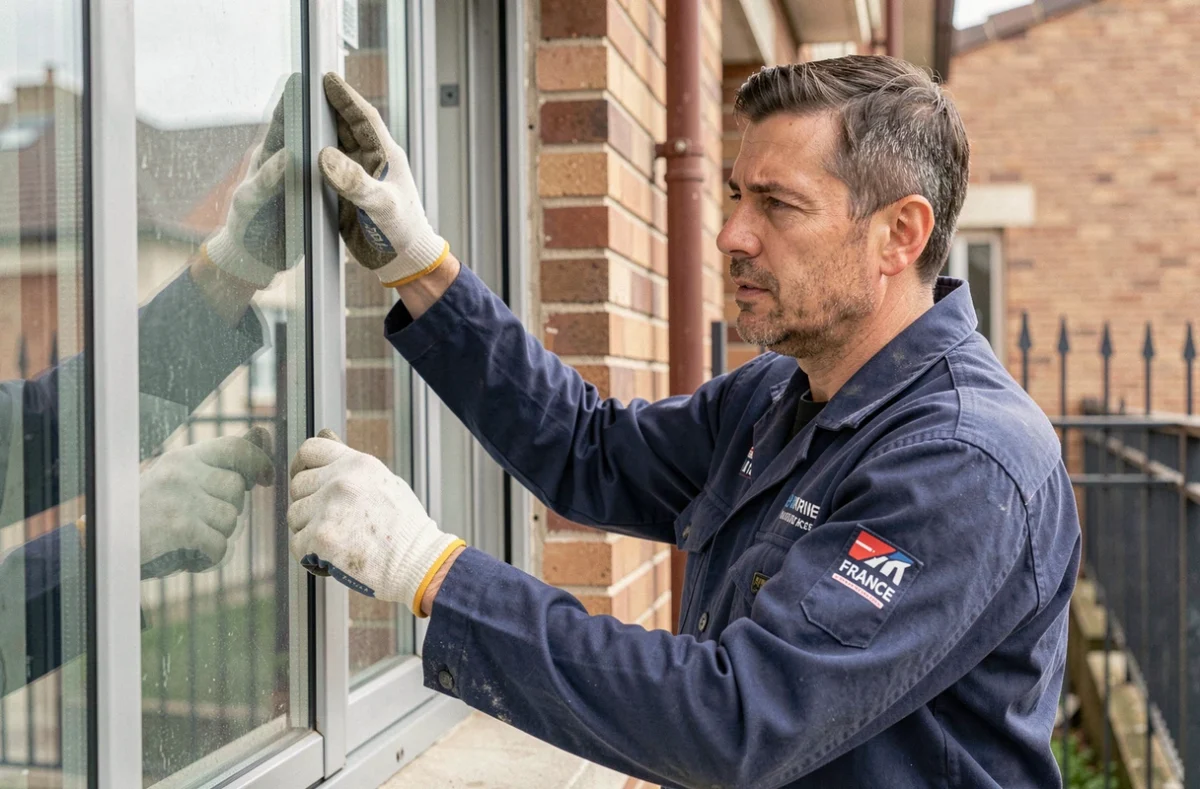 Technicien France Vitre posant une fenêtre double vitrage sur un immeuble résidentiel en Seine-Saint-Denis