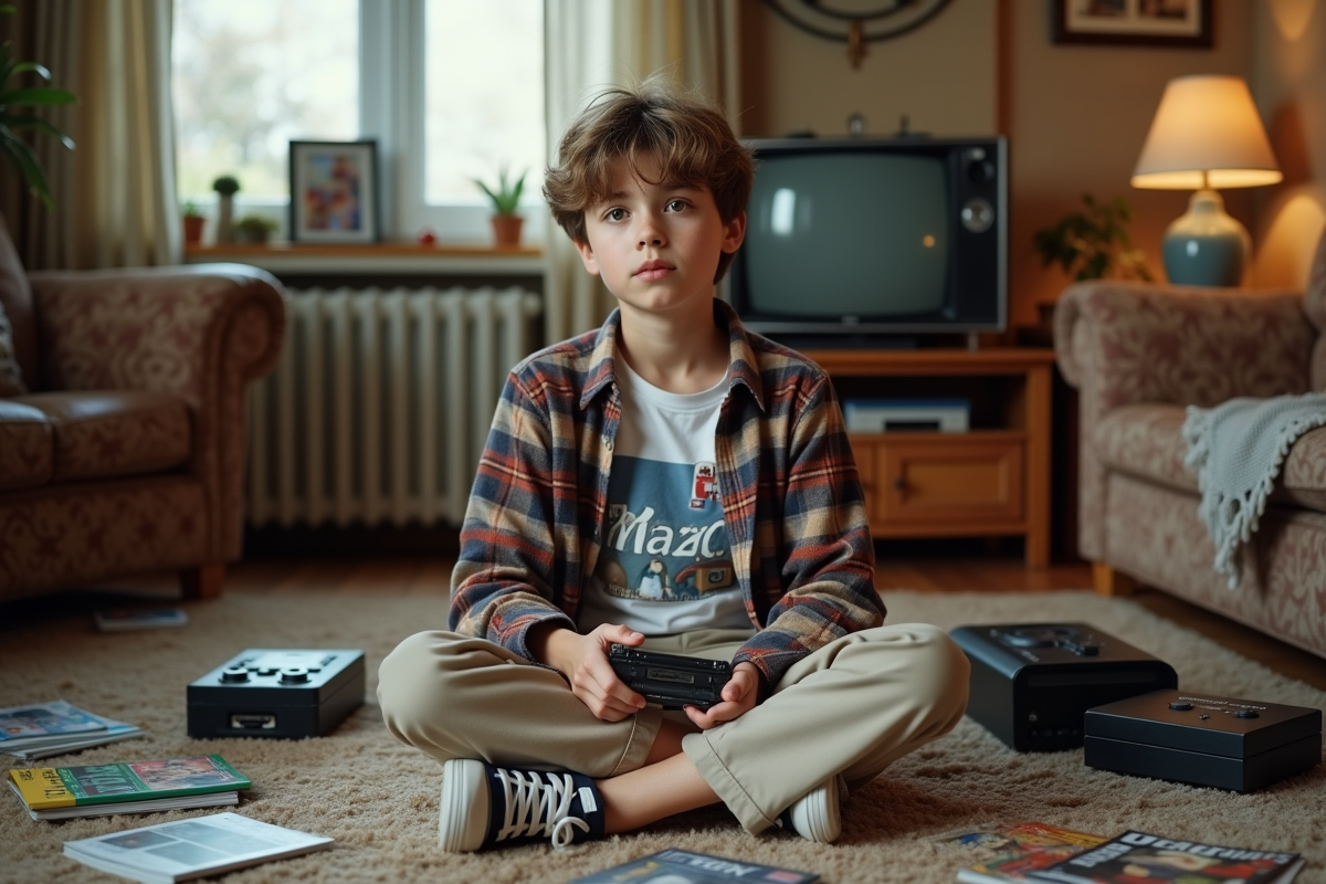 Un adolescent assis avec un walkman dans un salon rétro