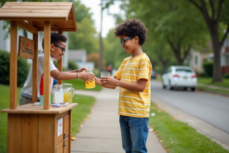 Garçon de 12 ans avec lunettes prépare une limonade dans la rue