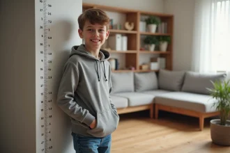 Adolescent de 14 ans mesurant sa taille dans un salon