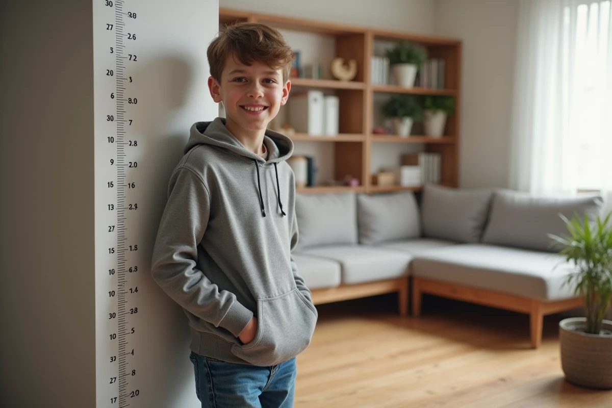 Adolescent de 14 ans mesurant sa taille dans un salon