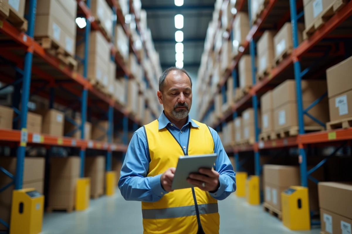 Responsable logistique consultant une tablette de suivi d'expédition dans un entrepôt pour gérer les délais de livraison