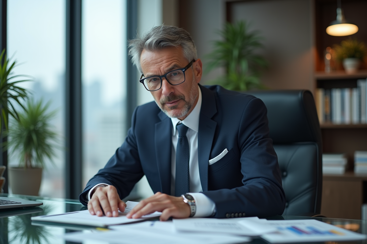 Homme d'affaires en costume bleu dans un bureau moderne