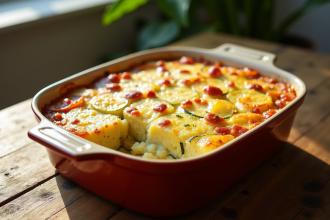 Gratin de courgettes et pommes de terre doré en plat rustique