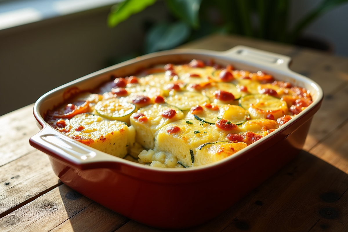 Gratin de courgettes et pommes de terre doré en plat rustique
