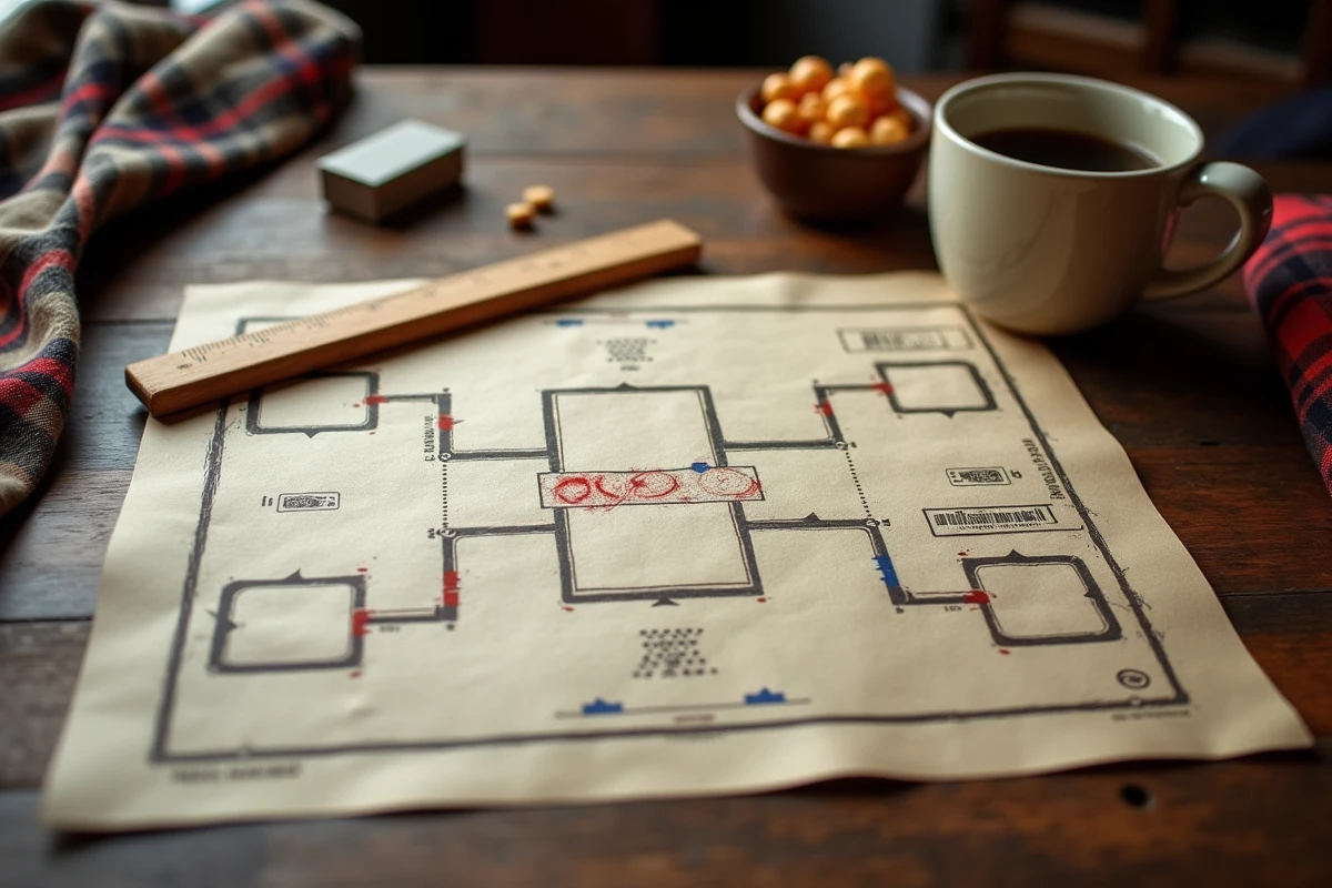 Vue de dessus d'une feuille de grille double pour bataille navale avec tableau de tournoi et annotations au crayon