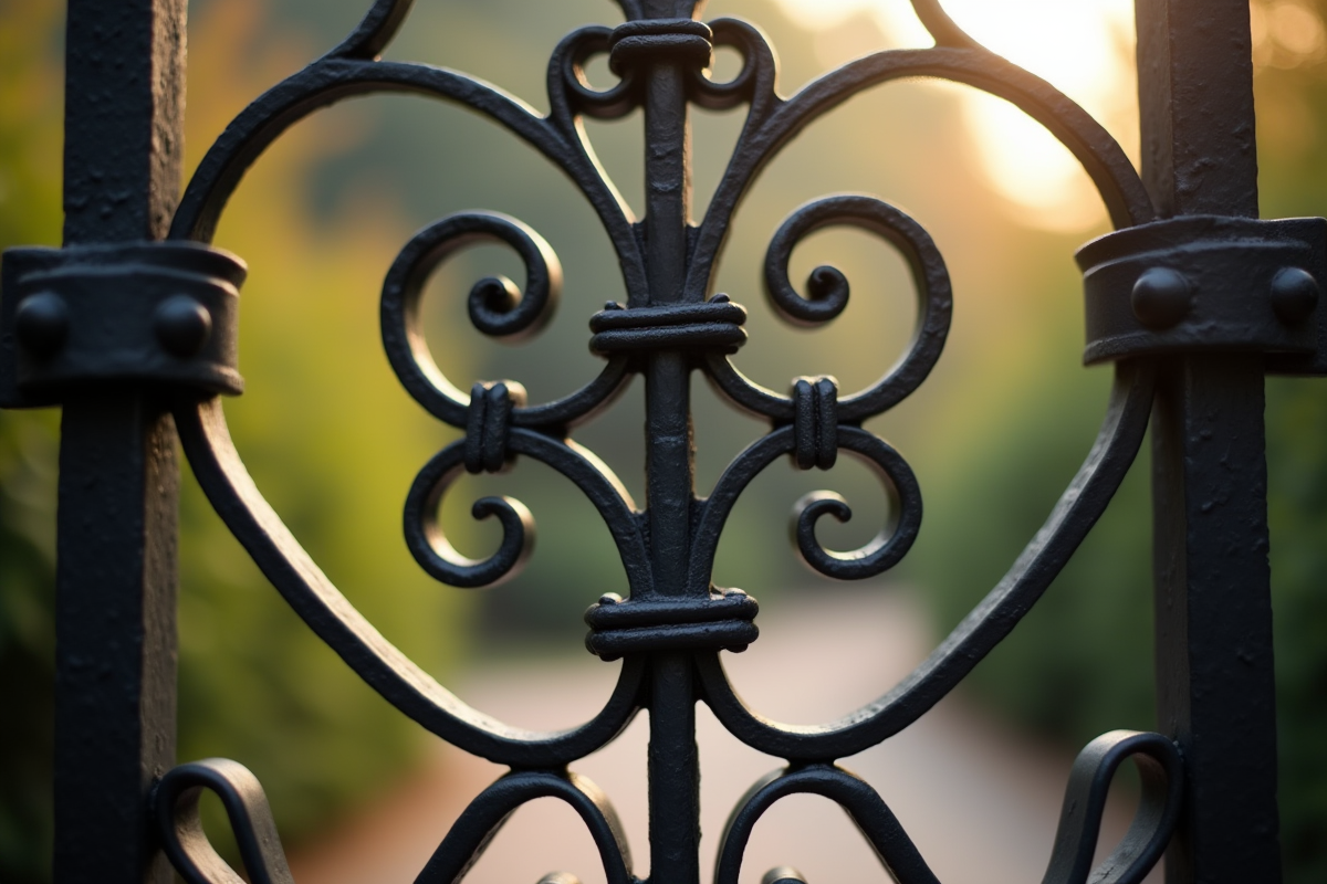 Détails de grilles en fer forgé avec motifs délicats au matin