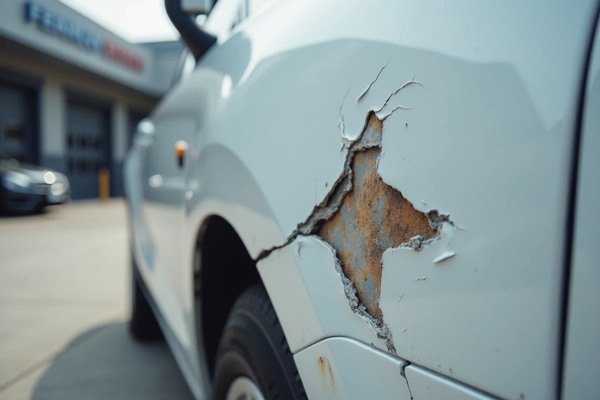 Gros plan sur une portière de voiture blanche présentant des bosses et de la peinture écaillée suite à un accident de carrosserie