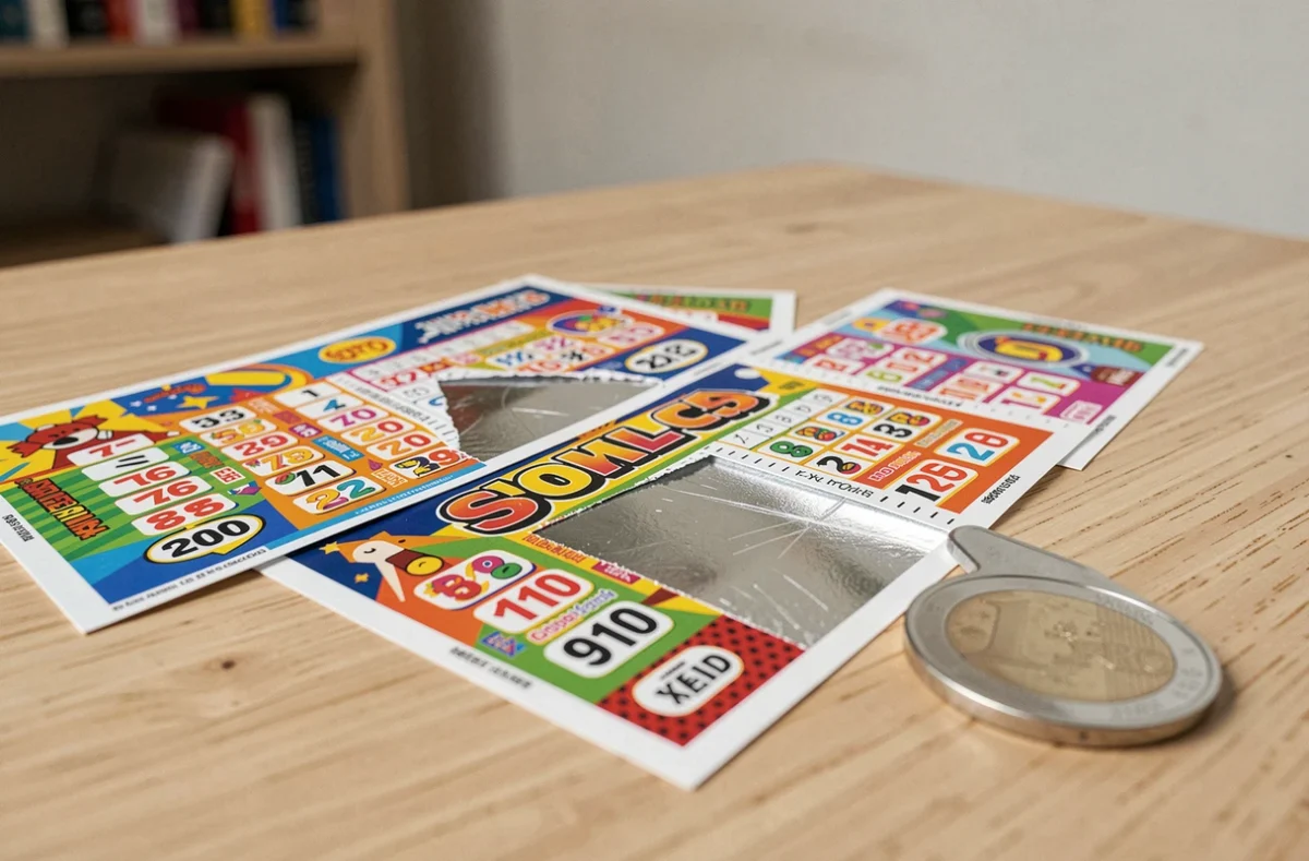 Gros plan sur des tickets de jeux à gratter FDJ partiellement grattés posés sur une table, illustrant les nouveaux jeux Cash et Banco 2026