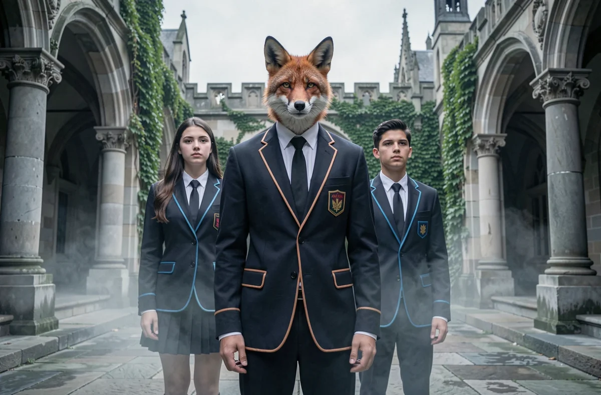Groupe d'étudiants en uniforme sombre dans la cour d'une académie démoniaque, personnage central aux yeux de renard dégageant une aura de villain charismatique