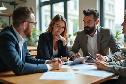 Groupe de trois collègues en coworking collaborant