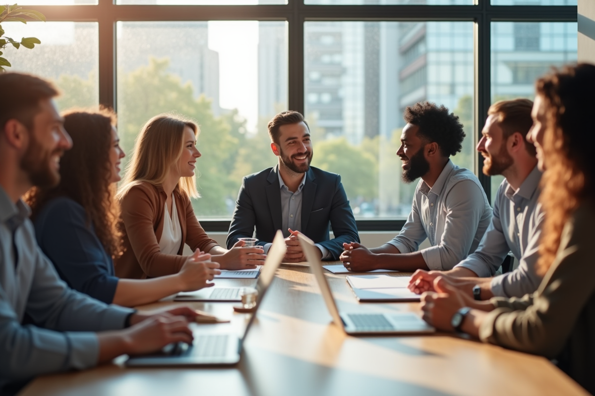 Groupe diversifié discutant autour d'une table moderne