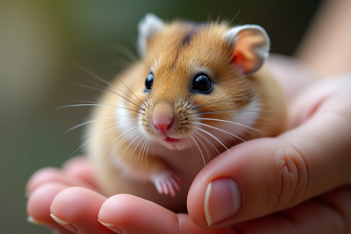 Hamster tenu dans les mains avec gros plan sur ses traits
