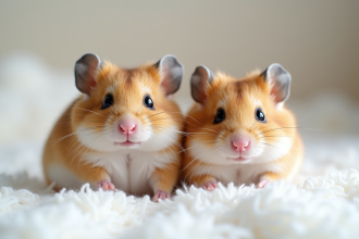 Hamsters mâle et femelle côte à côte sur litière blanche