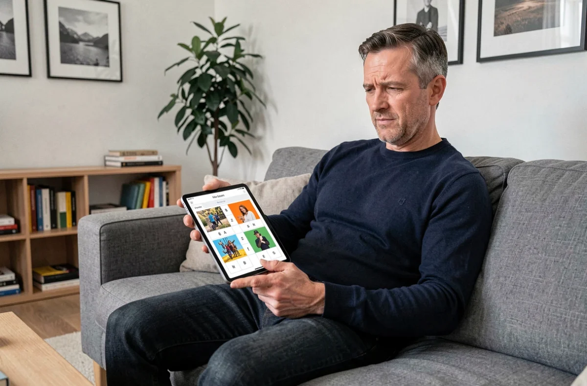 Homme résolvant un mot de 8 lettres sur tablette dans salon moderne et confortable