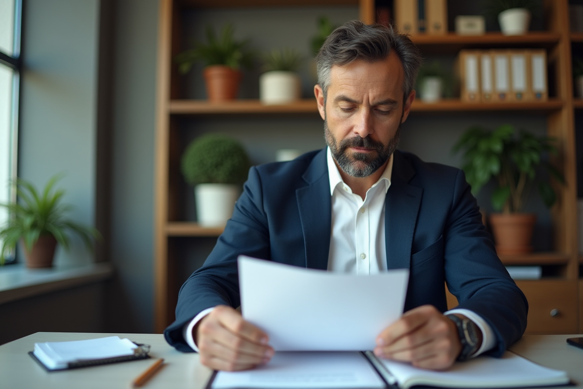 Homme d'affaires en blazer bleu étudiant un contrat au bureau