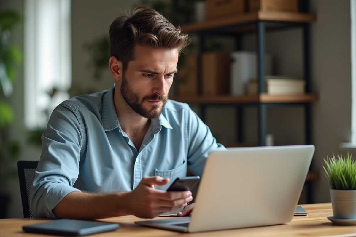 Homme en bureau moderne utilisant un ordinateur et smartphone