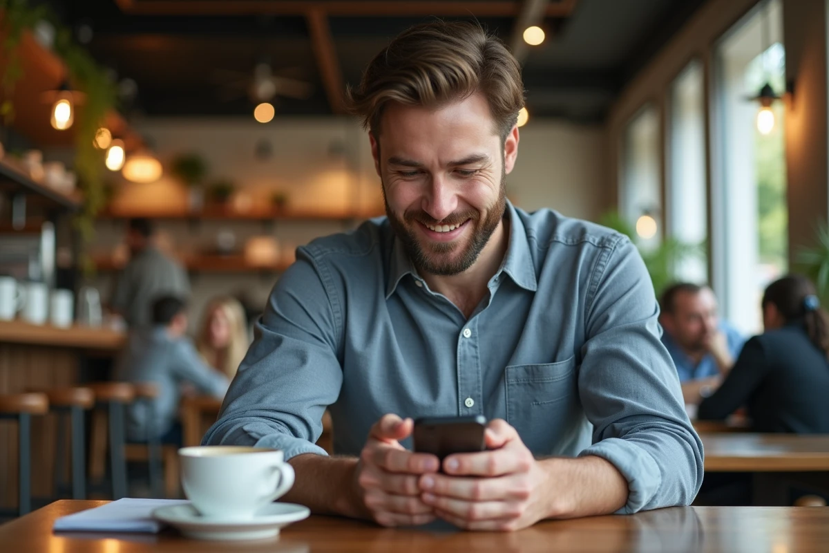 Homme au café utilisant son smartphone détendu