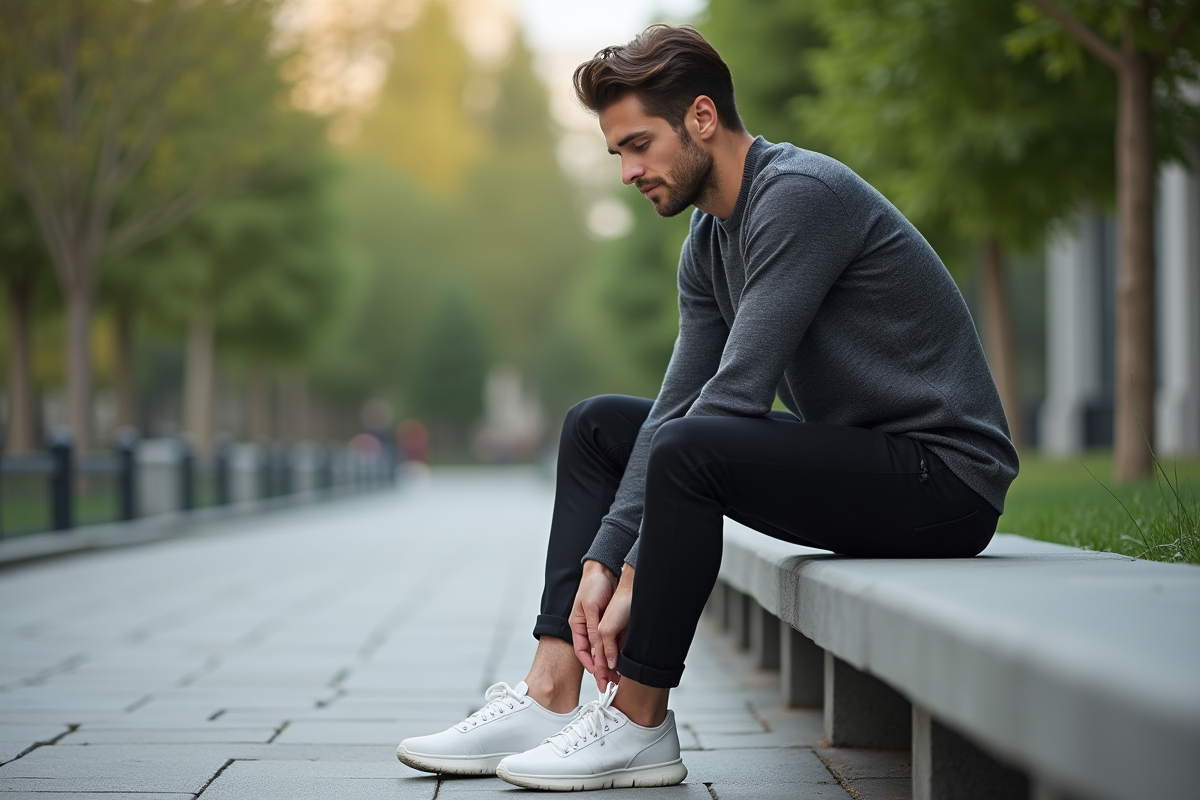 Jeune homme nouant ses baskets dans un parc urbain
