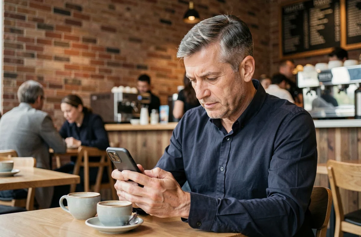 Homme consultant un site d'informations sur son smartphone dans un café urbain moderne