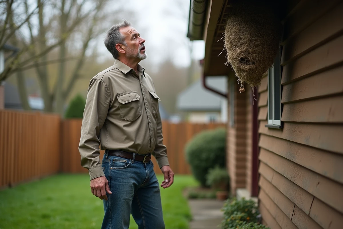 Homme inquiet regardant un nid de hornet sous la toiture