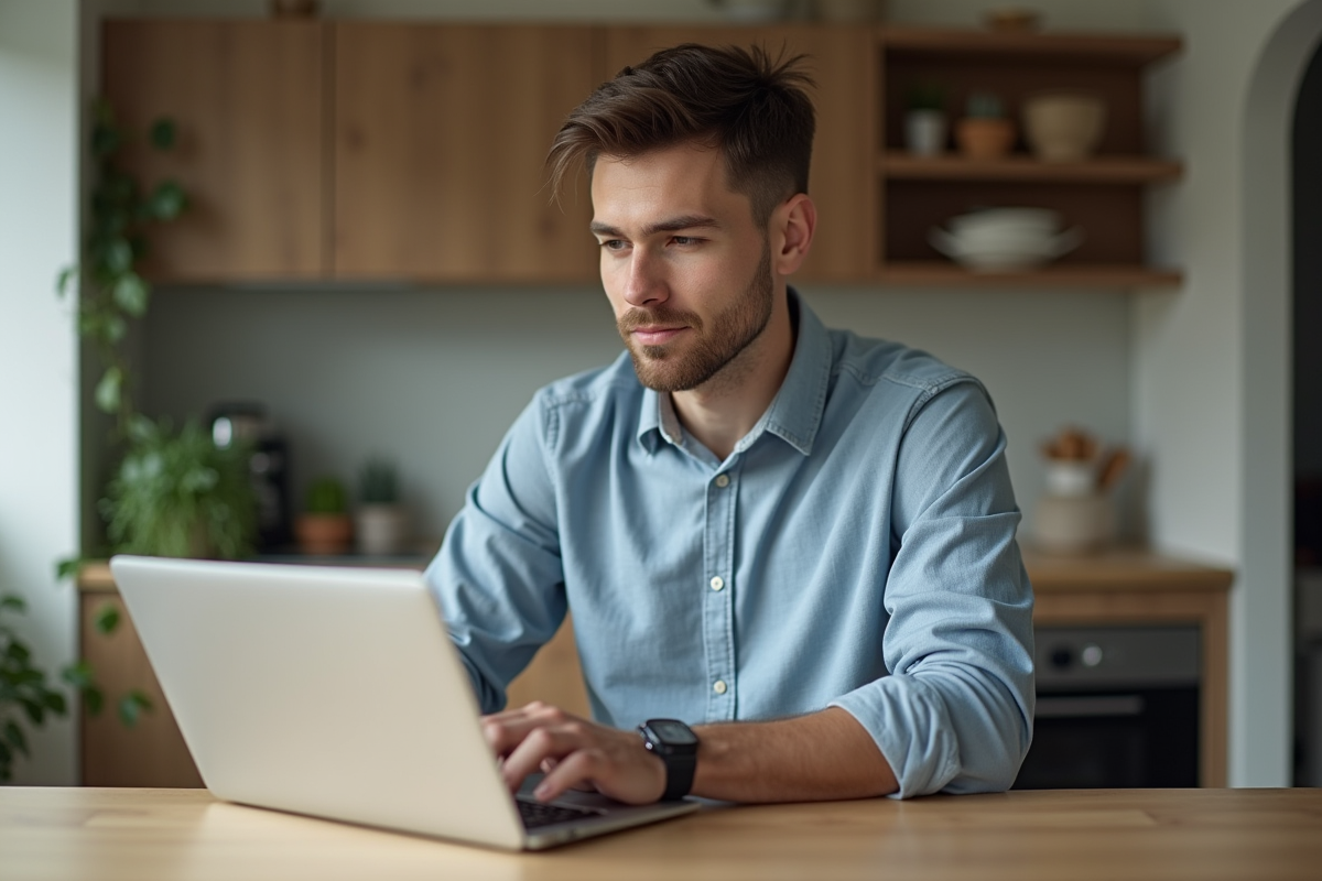 Homme en cuisine travaillant sur un ordinateur portable